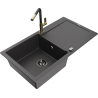 Mexen Leo granite sink 1-bowl with drainer and Flora kitchen tap, black speckled - 6501-76-670401-57-B