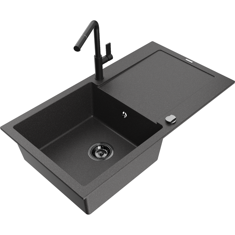 Mexen Leo single-bowl granite sink with drainer and Flora kitchen tap, black speckled - 6501-76-670401-70-B