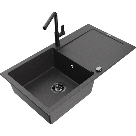 Mexen Leo fregadero de granito de 1 seno con escurridor y grifo de cocina Flora, negro moteado - 6501-76-670401-70-B