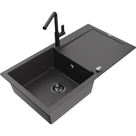 Mexen Leo single-bowl granite sink with drainer and Flora kitchen tap, black speckled - 6501-76-670401-70-B