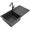 Mexen Leo fregadero de granito de 1 seno con escurridor y grifo de cocina Flora, negro moteado - 6501-76-670401-70-B