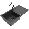 Mexen Leo single-bowl granite sink with drainer and Flora kitchen tap, black speckled - 6501-76-670401-70-B