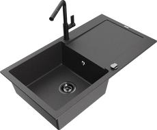 Mexen Leo fregadero de granito de 1 cubeta con escurridor y grifo de cocina Flora, negro moteado - 6501-76-670401-70-B