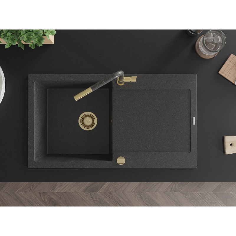 Mexen Leo fregadero de granito de 1 seno con escurridor y grifo de cocina Flora, negro moteado - 6501-76-670401-75-G