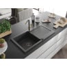 Mexen Leo 1-bowl granite kitchen sink with drainer and Flora kitchen tap, speckled black - 6501-76-670401-75-B