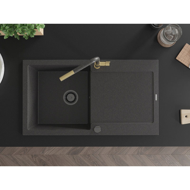 Mexen Leo fregadero de granito de 1 cuenco con escurridor y grifo de cocina Flora, negro moteado - 6501-76-670401-75-B