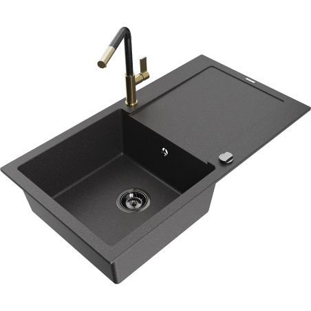Mexen Leo 1-bowl granite kitchen sink with drainer and Flora kitchen tap, speckled black - 6501-76-670401-75-B