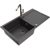 Mexen Leo 1-bowl granite kitchen sink with drainer and Flora kitchen tap, speckled black - 6501-76-670401-75-B