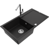 Mexen Leo granite sink 1-bowl with drainer and Flora kitchen tap, black - 6501-77-670401-00