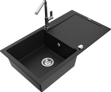 Mexen Leo granite sink 1-bowl with drainer and Flora kitchen tap, black - 6501-77-670401-00