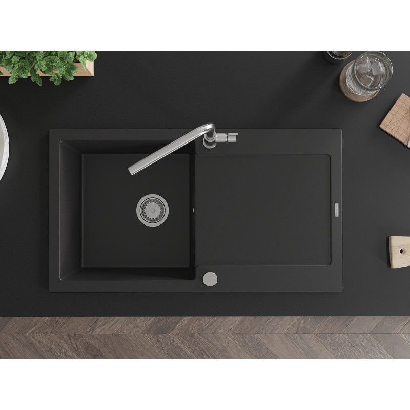 Mexen Leo fregadero de granito de 1 cubeta con escurridor y grifo de cocina Flora, negro - 6501-77-670401-00
