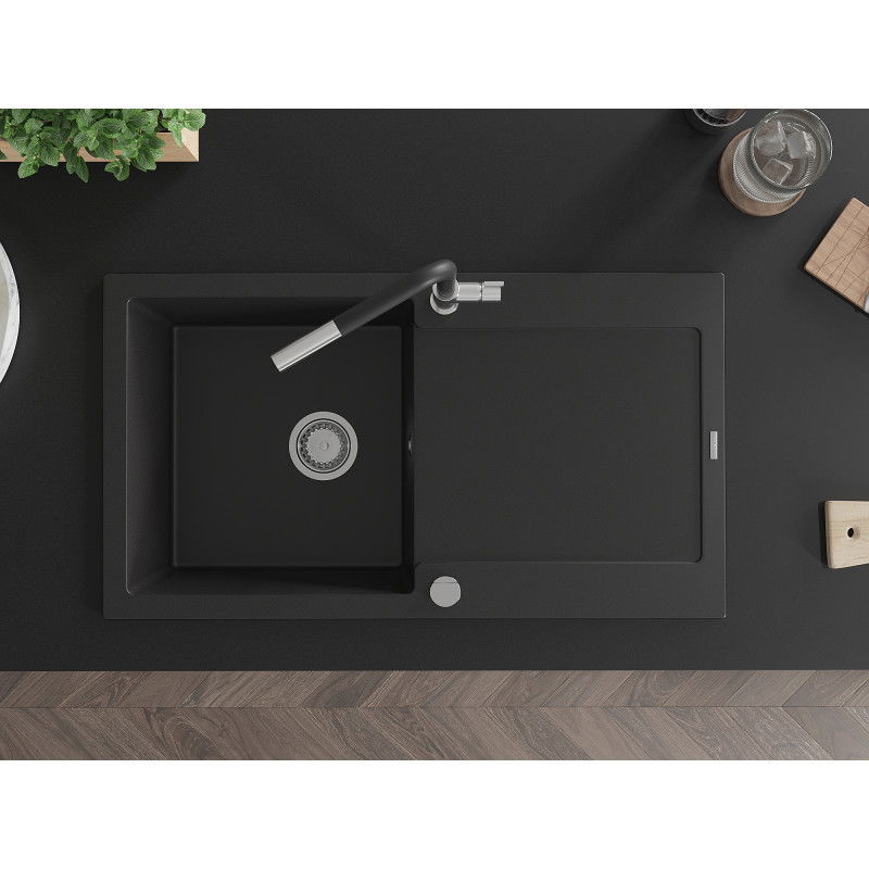 Mexen Leo 1-bowl granite sink with drainer and Flora kitchen tap, black - 6501-77-670401-07