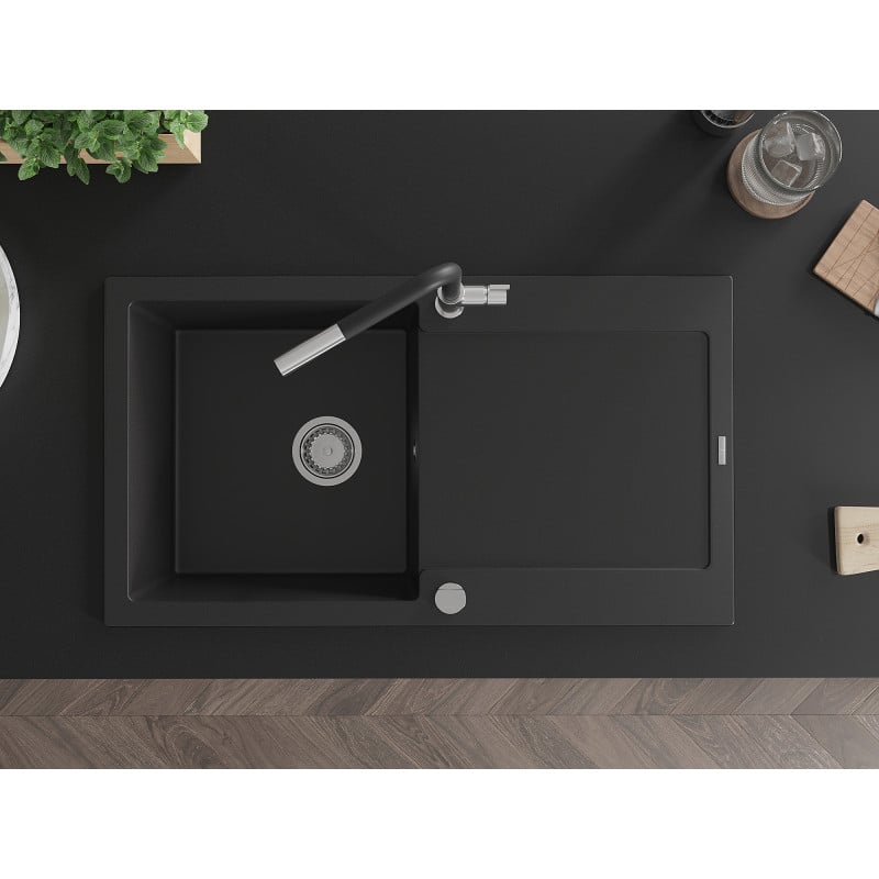 Mexen Leo évier en granit 1 bac avec égouttoir et mitigeur de cuisine Flora, noir - 6501-77-670401-07