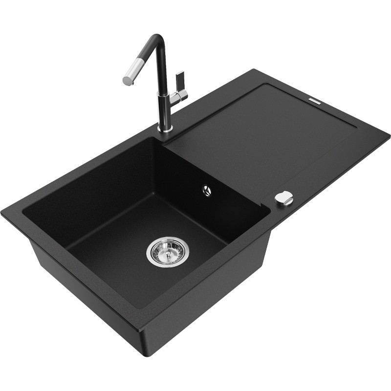 Mexen Leo fregadero de granito de 1 cubeta con escurridor y grifo de cocina Flora, negro - 6501-77-670401-07