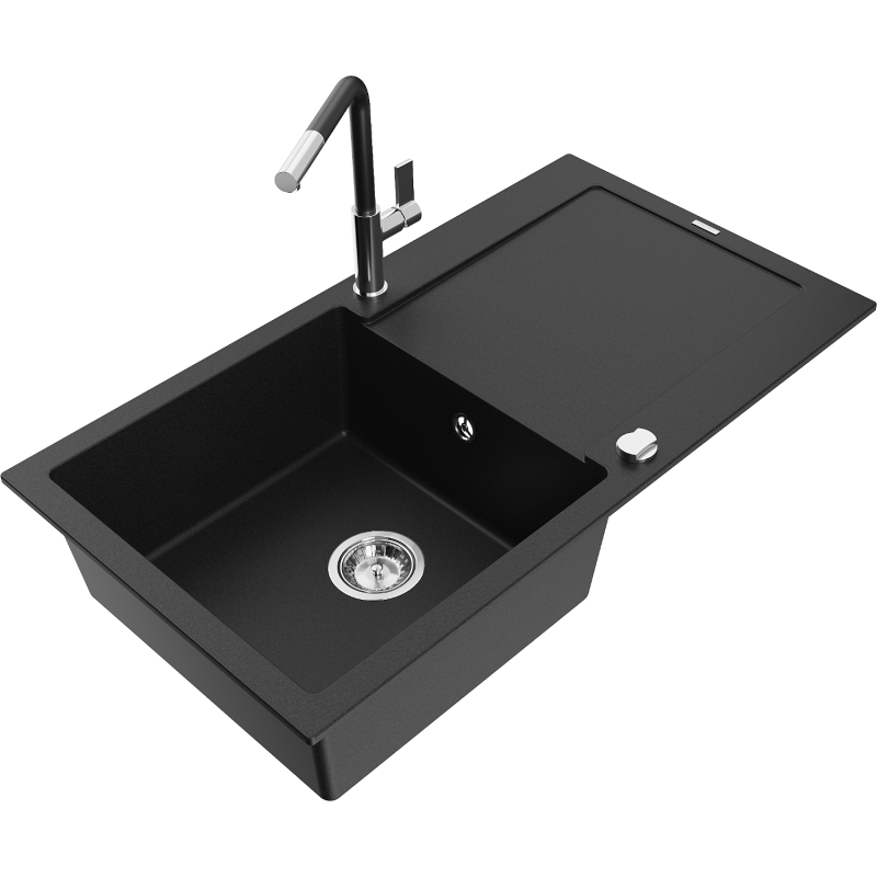 Mexen Leo fregadero de granito de 1 seno con escurridor y grifo de cocina Flora, negro - 6501-77-670401-07