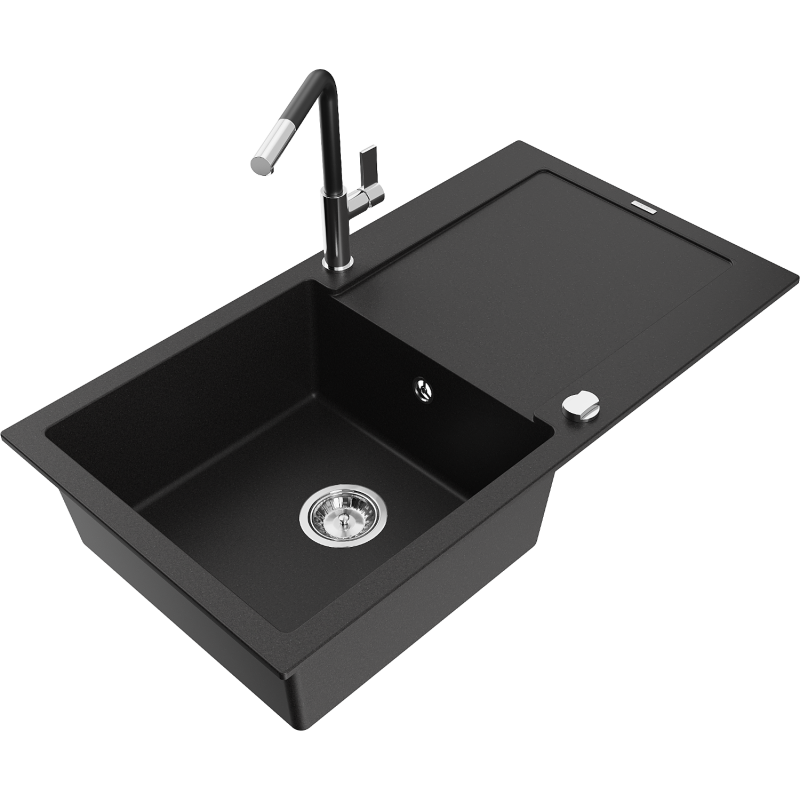 Mexen Leo lava-loiça em granito de 1 cuba com escorredor e torneira de cozinha Flora, preto - 6501-77-670401-07