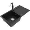 Mexen Leo fregadero de granito de 1 seno con escurridor y grifo de cocina Flora, negro - 6501-77-670401-07