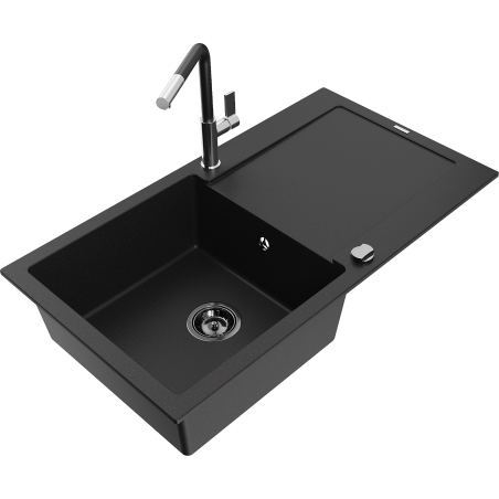 Mexen Leo granite sink 1-bowl with drainer and kitchen tap Flora, black - 6501-77-670401-07-B