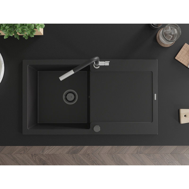 Mexen Leo granite sink 1-bowl with drainer and kitchen tap Flora, black - 6501-77-670401-07-B