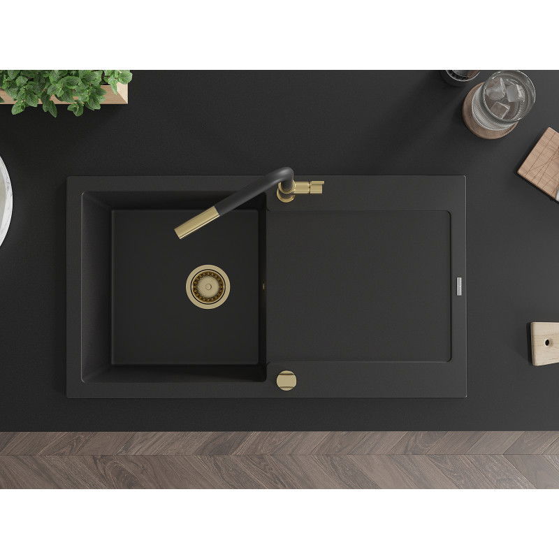 Mexen Leo fregadero de granito 1-cubeta con escurridor y grifo de cocina Flora, negro - 6501-77-670401-57-G