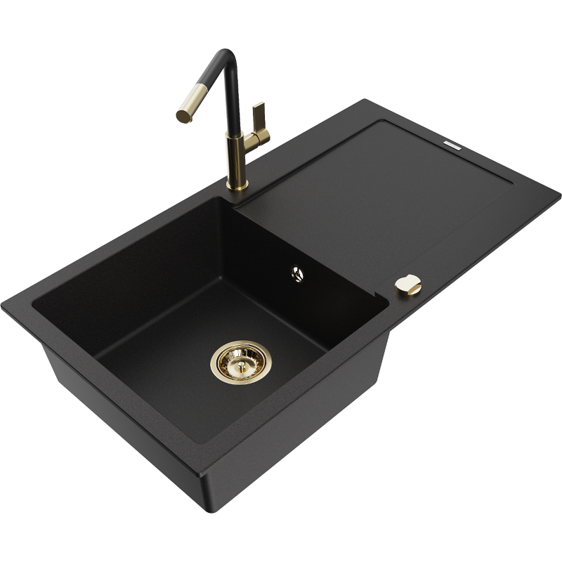 Mexen Leo 1-bowl granite sink with drainer and Flora kitchen tap, black - 6501-77-670401-57-G