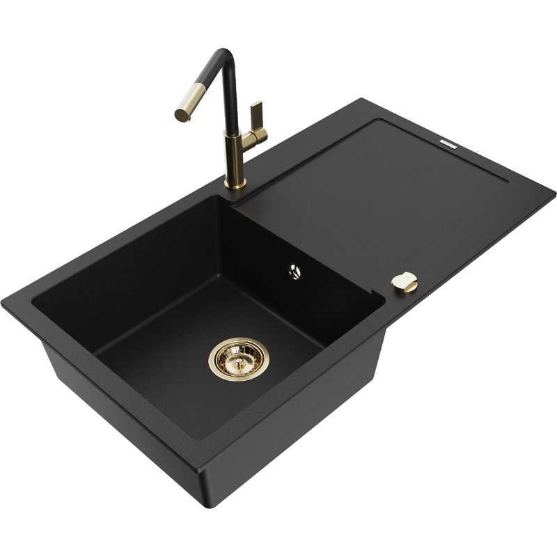 Mexen Leo fregadero de granito 1-cubeta con escurridor y grifo de cocina Flora, negro - 6501-77-670401-57-G