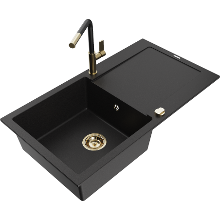 Mexen Leo 1-bowl granite sink with drainer and Flora kitchen tap, black - 6501-77-670401-57-G
