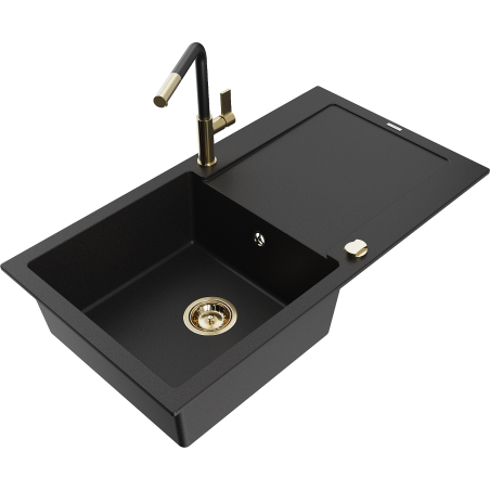 Mexen Leo Granitspüle, 1-Becken mit Abtropffläche und Küchenarmatur Flora, schwarz - 6501-77-670401-57-G