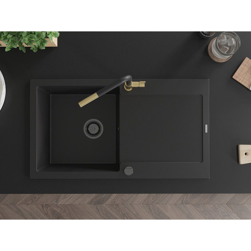 Mexen Leo fregadero de granito de 1 seno con escurridor y grifo de cocina Flora, negro - 6501-77-670401-57-B
