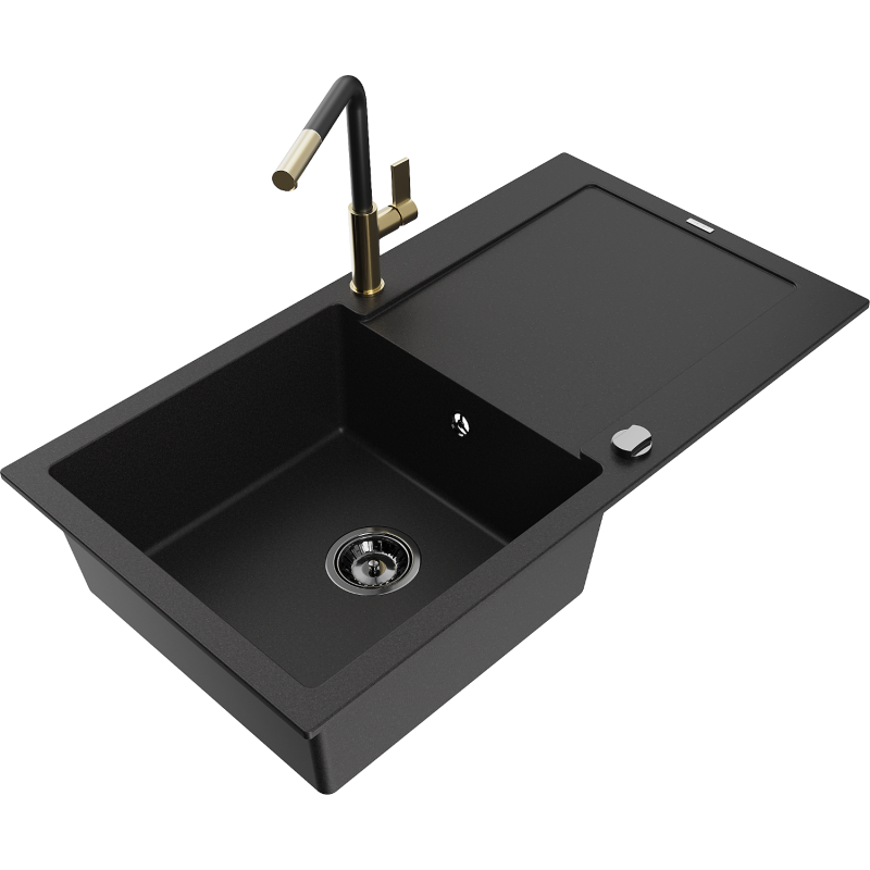 Mexen Leo granite kitchen sink 1-bowl with drainer and Flora kitchen tap, black - 6501-77-670401-57-B
