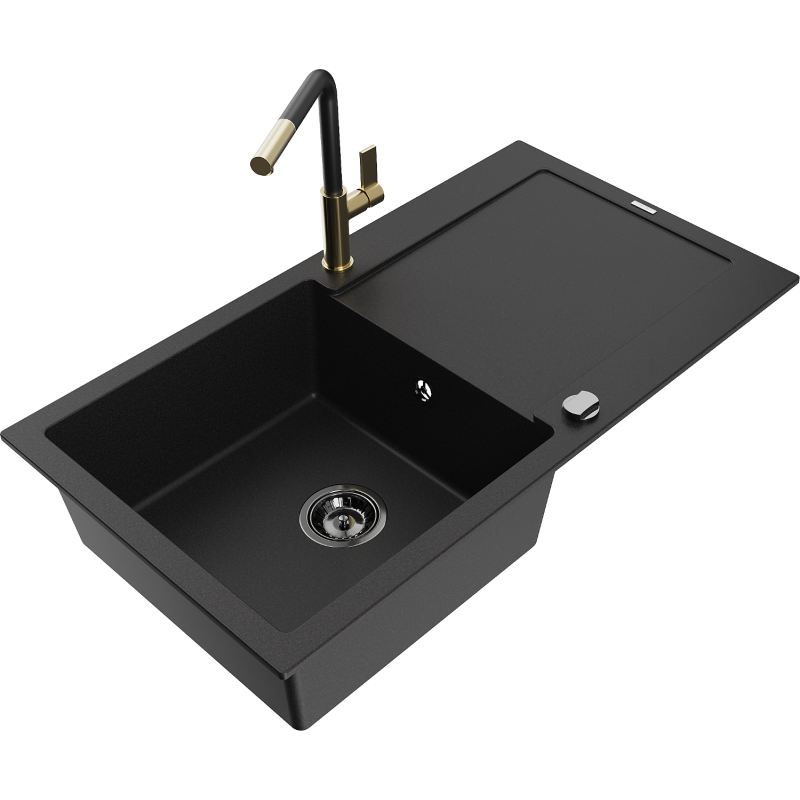 Mexen Leo Granitspüle 1-Becken mit Abtropffläche und Küchenarmatur Flora, schwarz - 6501-77-670401-57-B