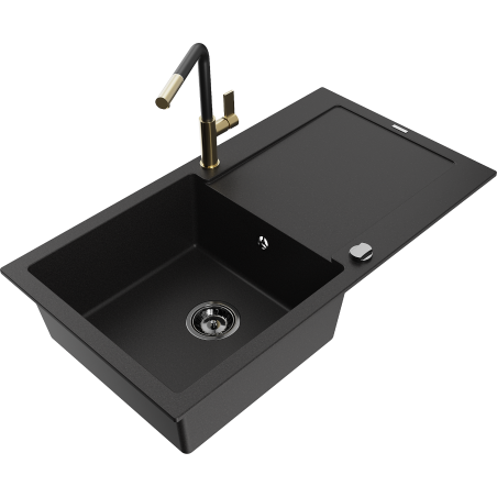 Mexen Leo granite kitchen sink 1-bowl with drainer and Flora kitchen tap, black - 6501-77-670401-57-B