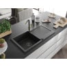 Mexen Leo Granitspüle 1-Becken mit Abtropffläche und Küchenarmatur Flora, schwarz - 6501-77-670401-57-B