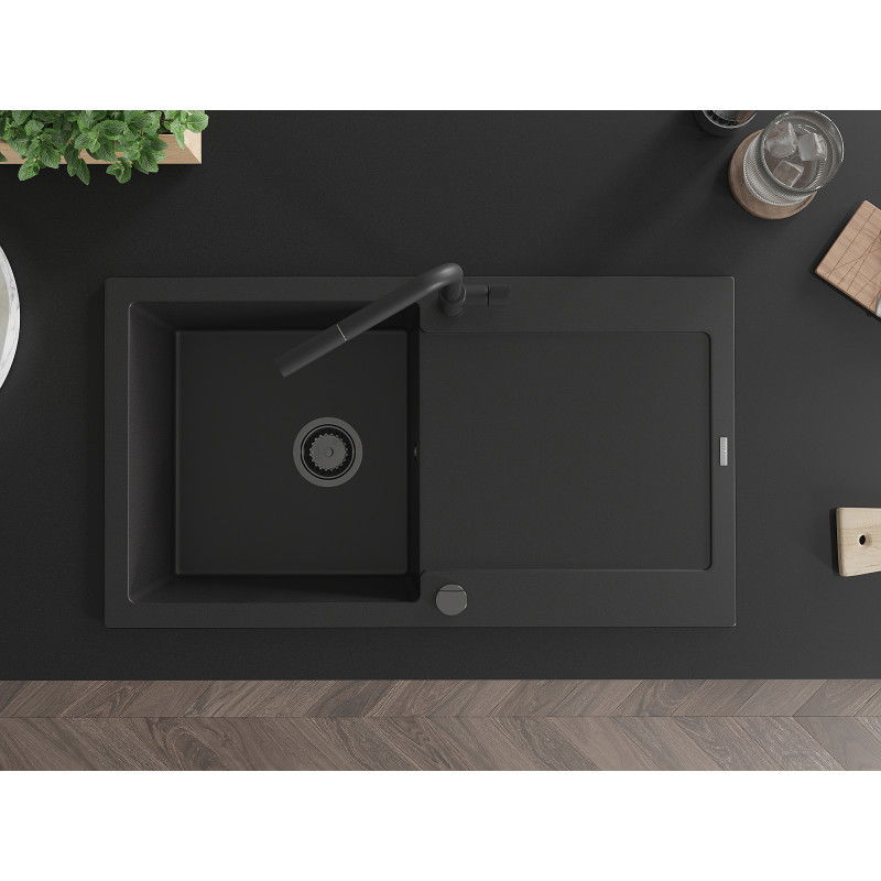 Mexen Leo Granit-Spullsteen mat 1 Schaff mat Oflaaf an Kichekraan Flora, schwaarz - 6501-77-670401-70-B