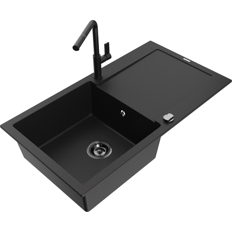 Mexen Leo 1-bowl granite kitchen sink with drainer and Flora kitchen tap, black - 6501-77-670401-70-B