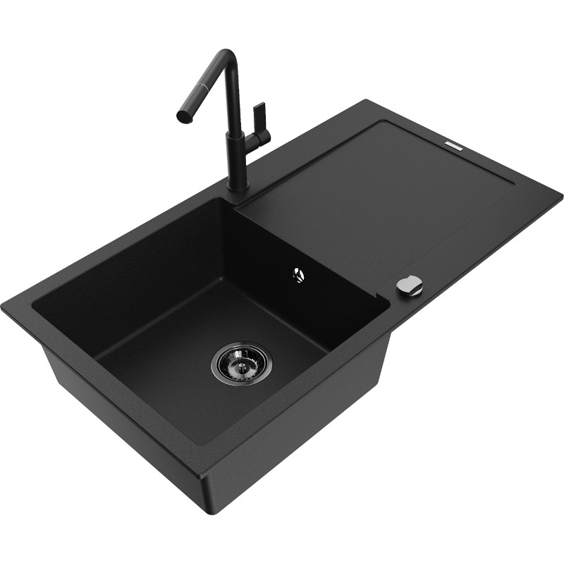 Mexen Leo fregadero de granito de 1 seno con escurridor y grifo de cocina Flora, negro - 6501-77-670401-70-B