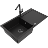 Mexen Leo 1-bowl granite kitchen sink with drainer and Flora kitchen tap, black - 6501-77-670401-70-B
