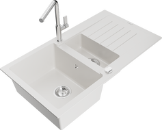 Mexen Matias 1.5-bowl Granite Sink with Drainer and Flora Kitchen Tap, White - 6502-20-670401-00