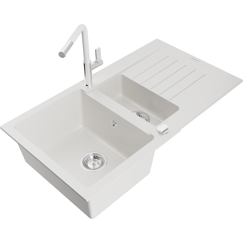 Mexen Matias graniittinen 1,5-altaan pesuallas valutusalueella ja Flora-keittiöhanalla, valkoinen - 6502-20-670401-02