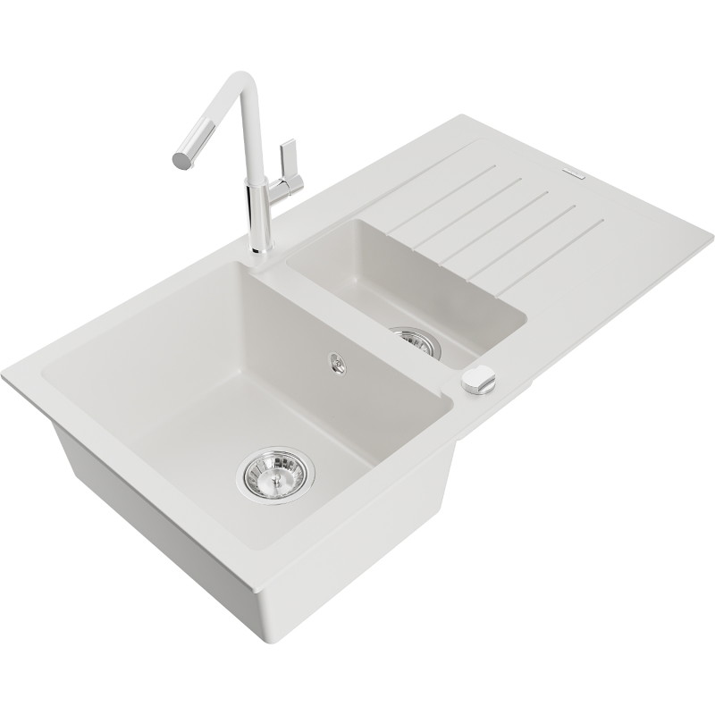 Mexen Matias granitische spoelbak 1,5 kamer met druiprek en keukenkraan Flora, wit - 6502-20-670401-02