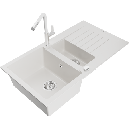 Mexen Matias graniittinen 1,5-altaan pesuallas valutusalueella ja Flora-keittiöhanalla, valkoinen - 6502-20-670401-02