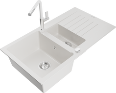 Mexen Matias fregadero de granito de 1,5 senos con escurridor y grifo de cocina Flora, blanco - 6502-20-670401-02
