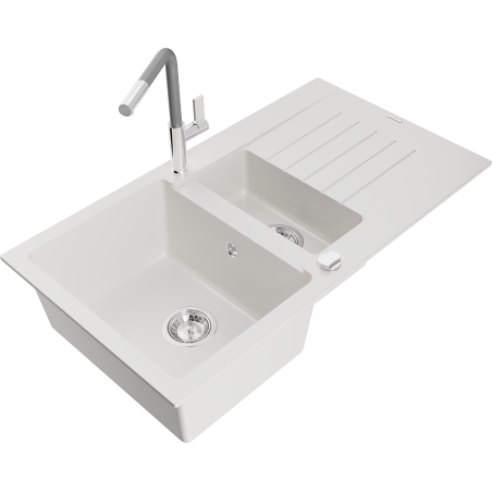 Mexen Matias granite sink 1.5-bowl with drainer and Flora kitchen tap, white - 6502-20-670401-06