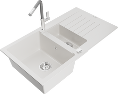 Mexen Matias fregadero de granito de 1,5 senos con escurridor y grifo de cocina Flora, blanco - 6502-20-670401-06