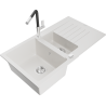 Mexen Matias granite sink 1.5-bowl with drainer and Flora kitchen tap, white - 6502-20-670401-07