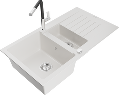 Mexen Matias granite sink 1.5-bowl with drainer and Flora kitchen tap, white - 6502-20-670401-07