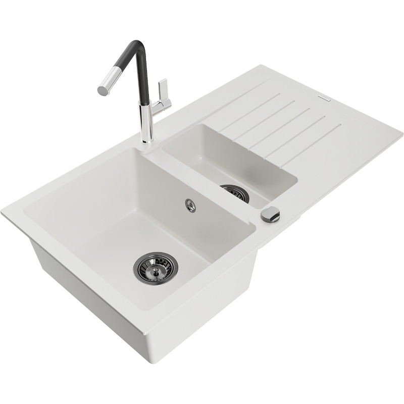 Mexen Matias fregadero de granito de 1,5 cubetas con escurridor y grifo de cocina Flora, blanco - 6502-20-670401-07-B