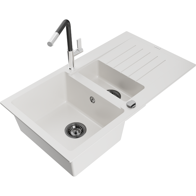 Mexen Matias granieten gootsteen 1,5-compartiment met druiprek en keukenkraan Flora, wit - 6502-20-670401-07-B