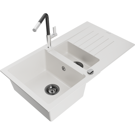 Mexen Matias 1.5-bowl Granite Sink with Drainer and Flora Kitchen Tap, White - 6502-20-670401-07-B