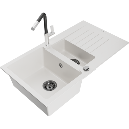 Mexen Matias granitizlietnis 1,5 nodalījumi ar noteku un virtuves jaucējkrānu Flora, balts - 6502-20-670401-07-B